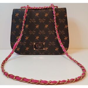 Beverly Hills Polo Club Skinny Shoulder Purse Handbag Brown/Pink/Gold VERY NICE!